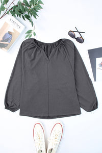 Notched Neck Balloon Sleeve Blouse