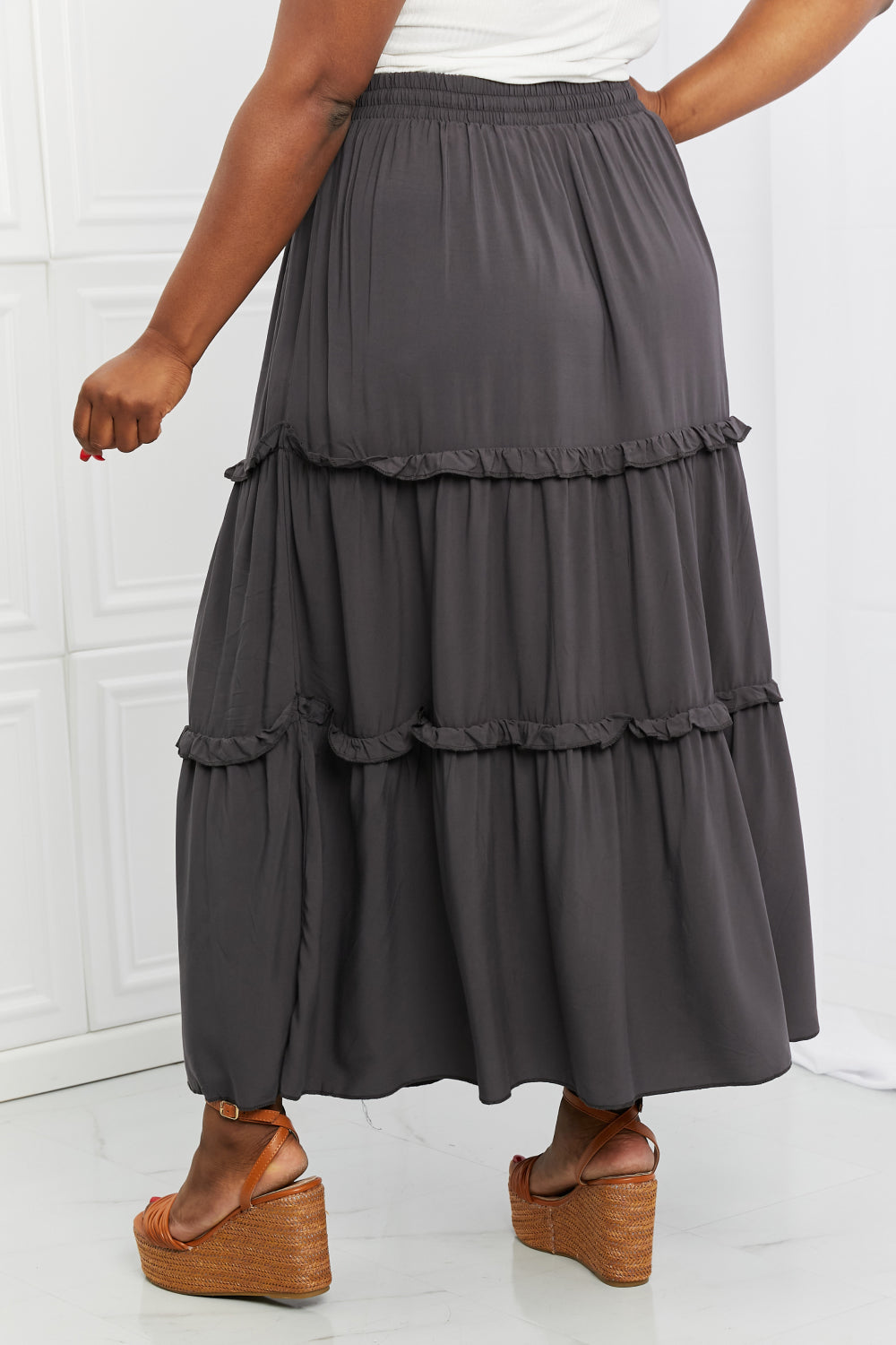 Zenana Summer Days Full Size Ruffled Maxi Skirt in Ash Grey