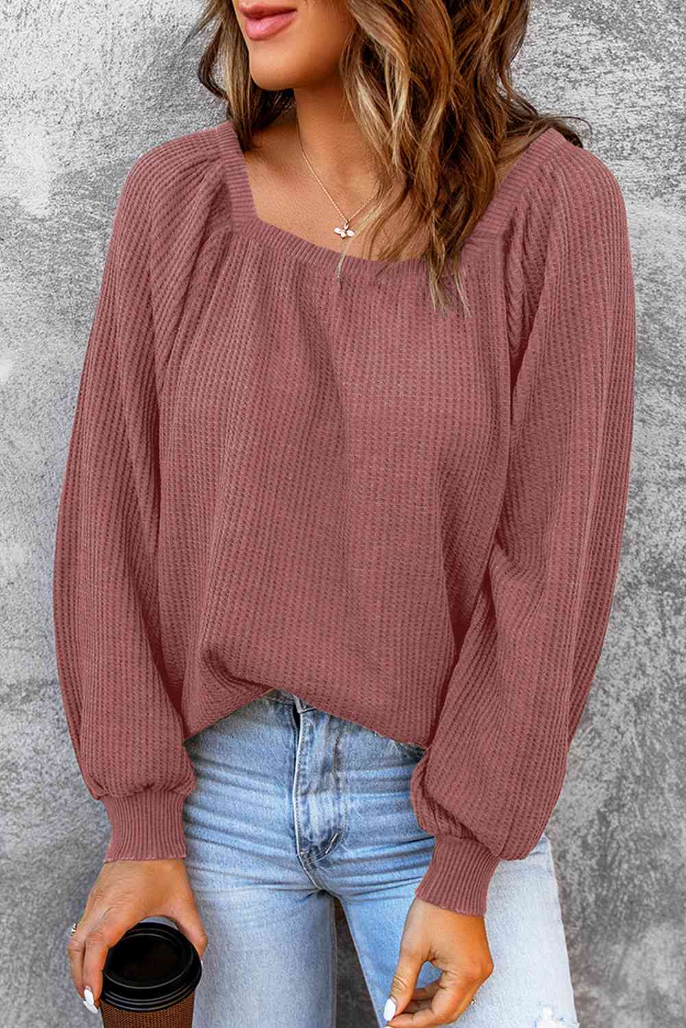 Square Neck Waffle-Knit Top