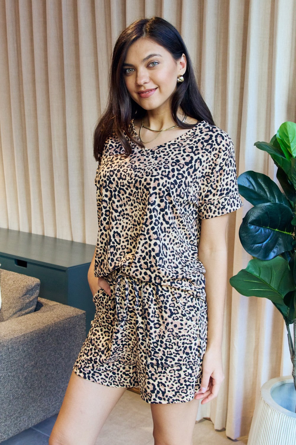 Leopard V-Neck Top and Drawstring Shorts Lounge Set