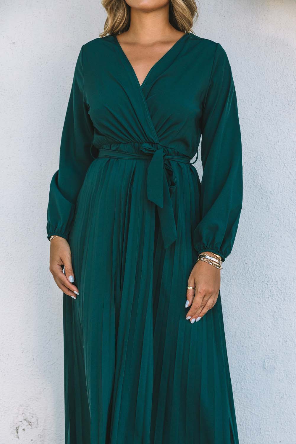 Belted Surplice Balloon Sleeve Pleated Dress