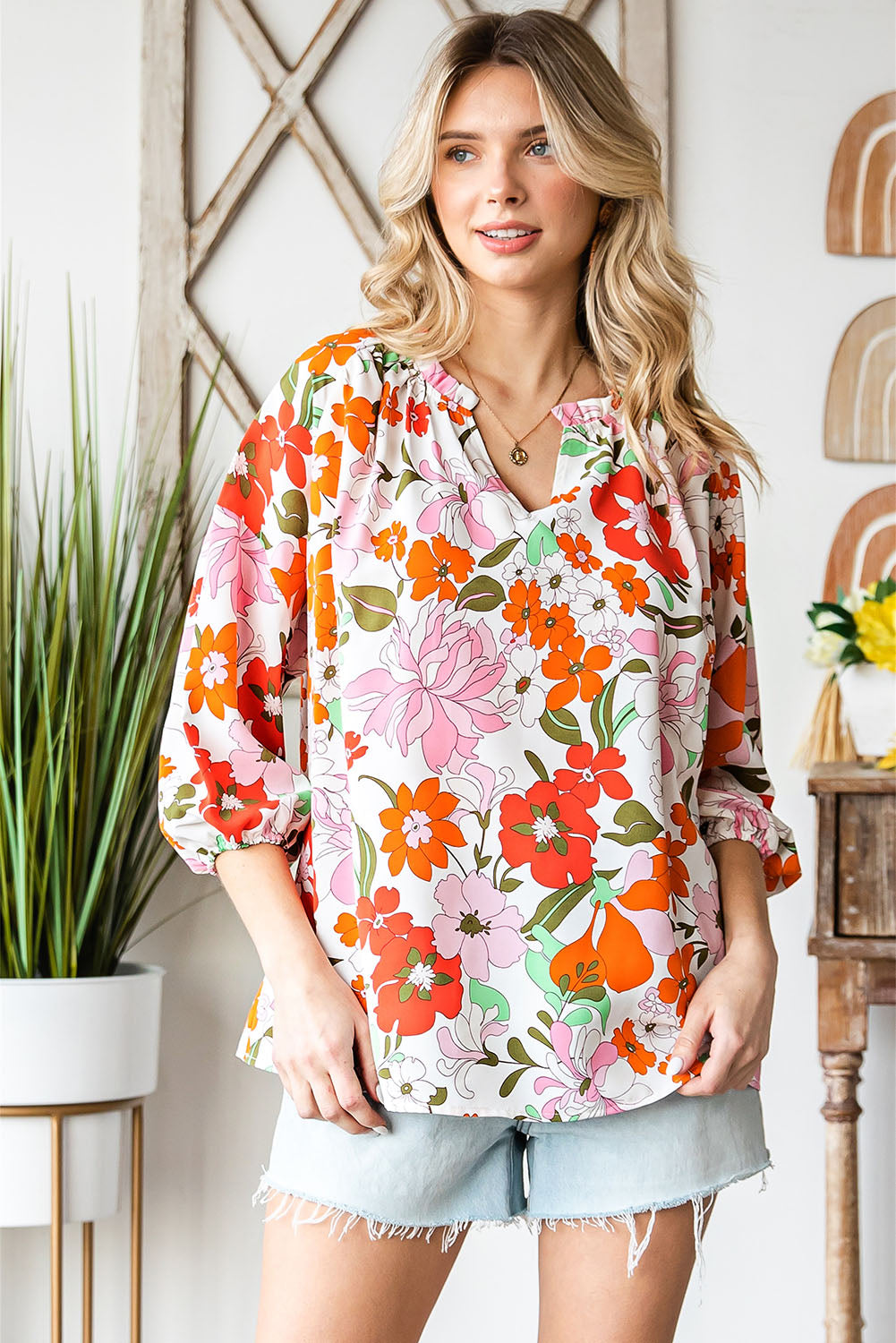 Floral Notched Neck Balloon Sleeve Blouse