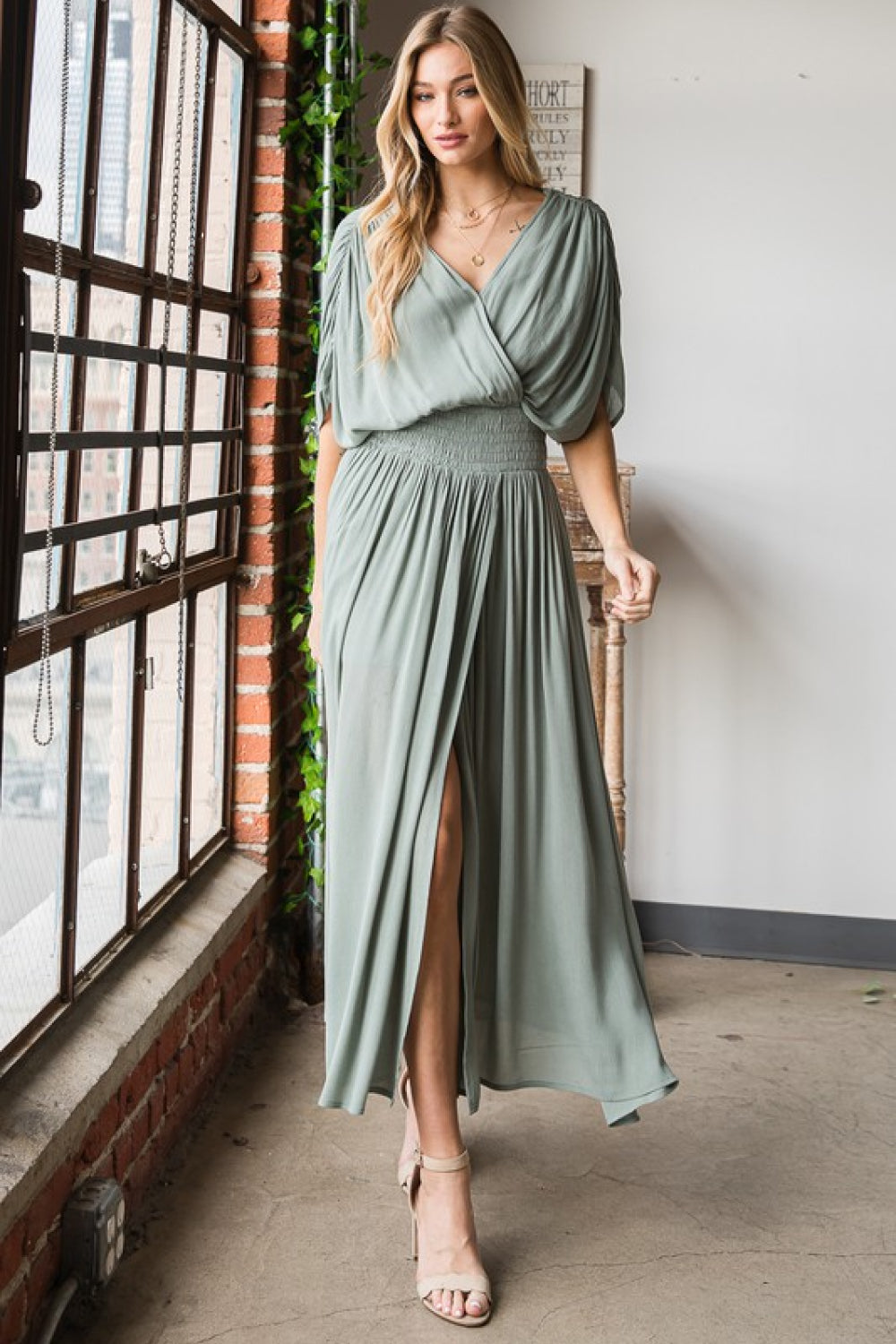 HEYSON Full Size Napa Valley Gauze Surplice Midi Dress