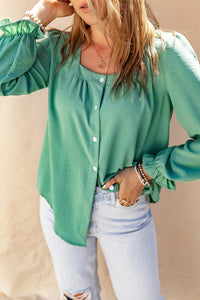 Square Neck Flounce Sleeve Buttoned Shirt