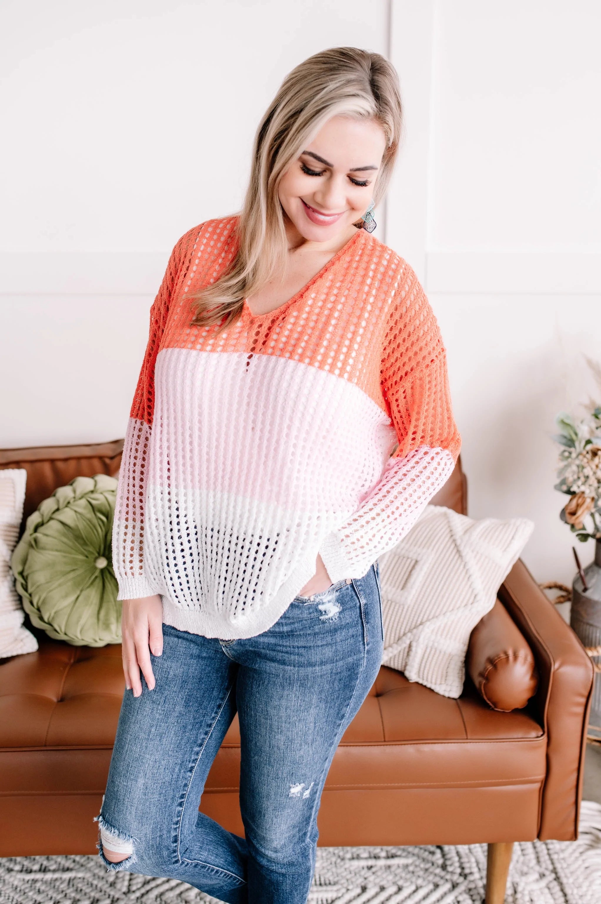 A Sherbet Colorblock Twist Back Sweater