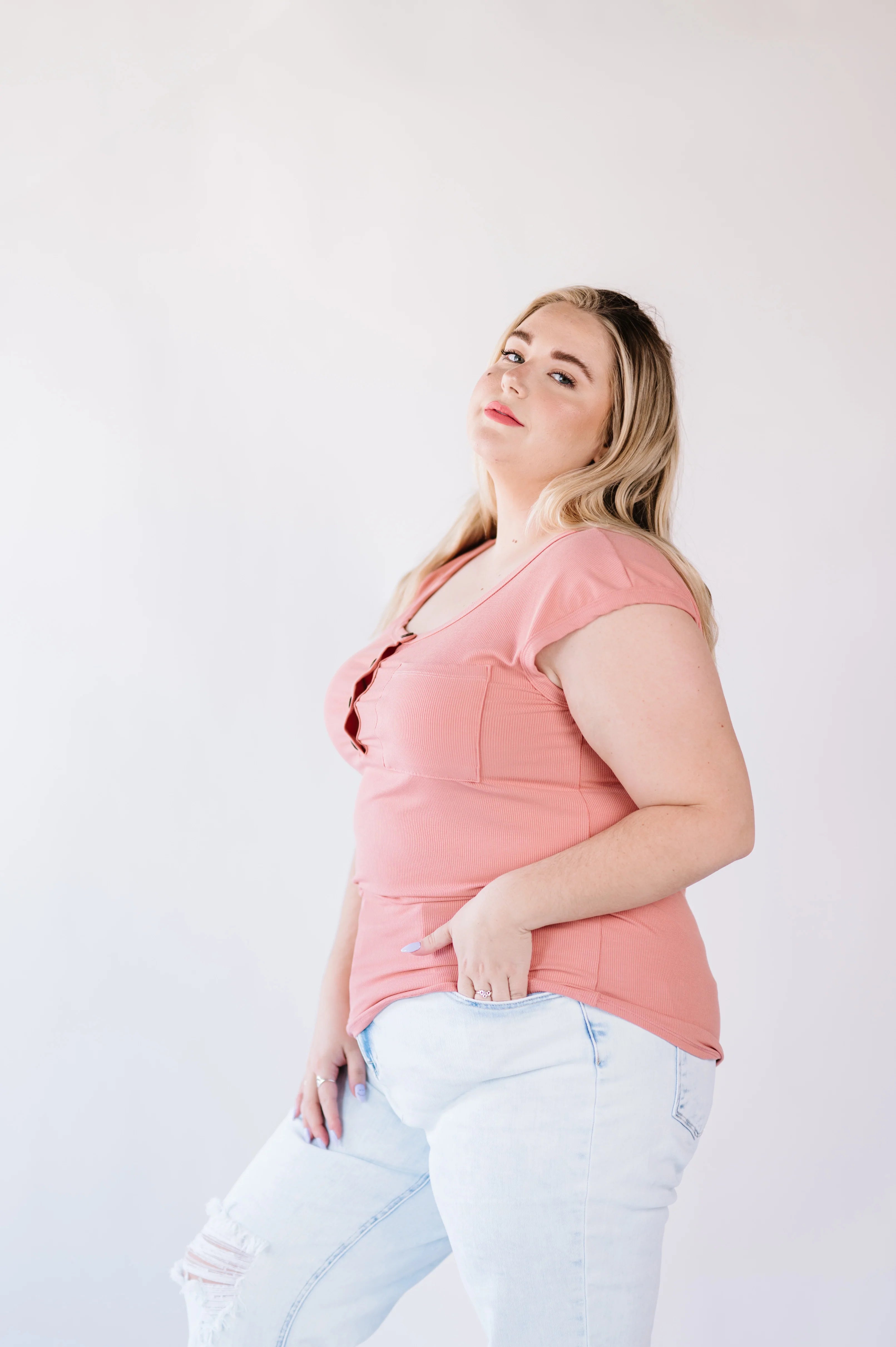 Lucy Ribbed Henley Top - Pink