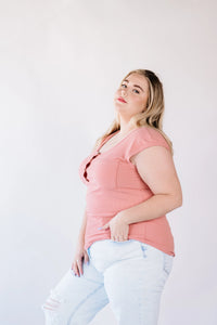 Lucy Ribbed Henley Top - Pink