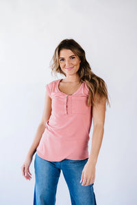 Lucy Ribbed Henley Top - Pink