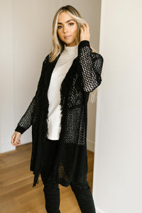 Knit And Fringe Cardigan in Black