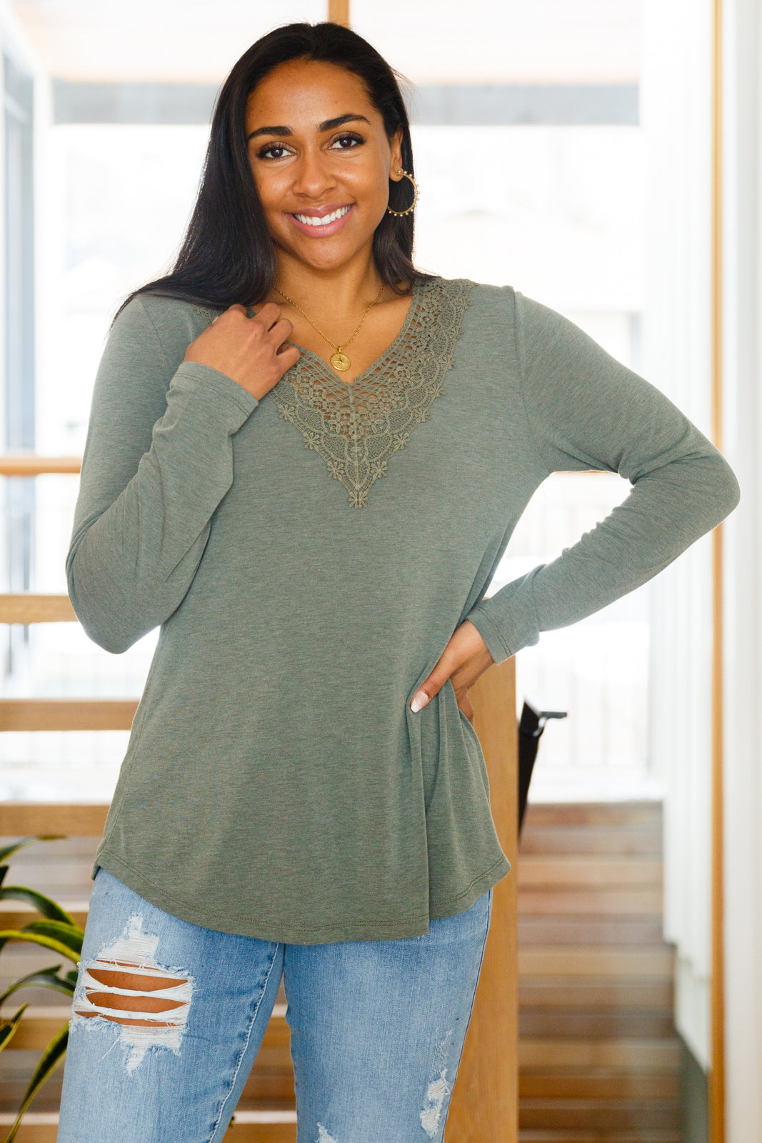 Lacey Long Sleeve V Neck In Olive