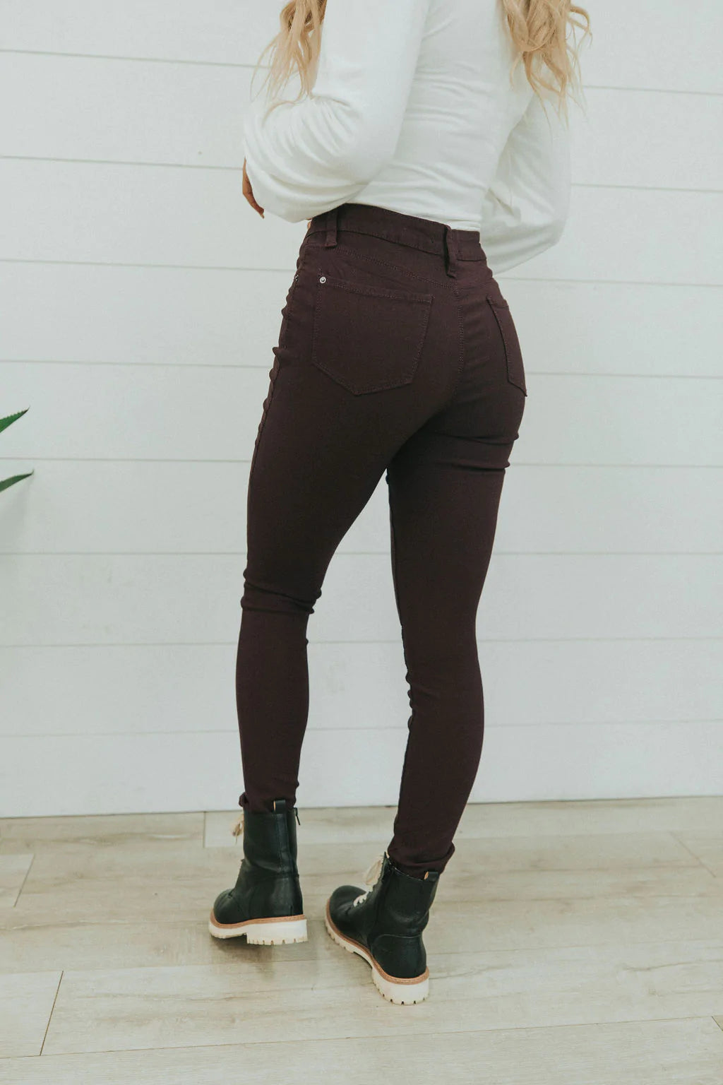 Step Right Up Hyper-Stretch Skinny Jeans - Plum
