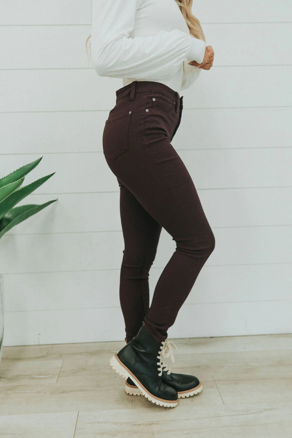 Step Right Up Hyper-Stretch Skinny Jeans - Plum