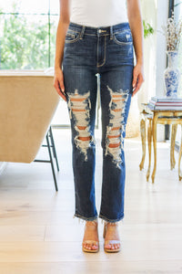 Sloane Mid Rise Heavy Destroyed Straight Jeans