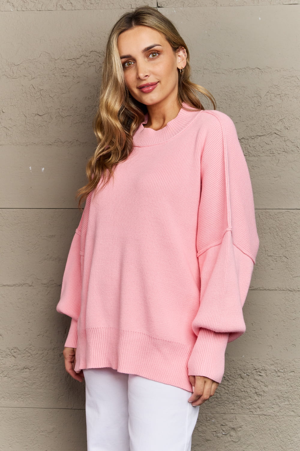 Zenana Comfort Awaits Slouchy Side Slit Sweater in Pink