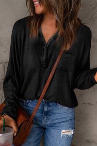 Buttoned V-Neck Long Sleeve Top