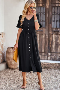 Gathered Detail Buttoned V-Neck Midi Dress