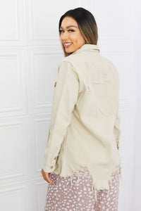 American Bazi Full Size Distressed Button Down Denim Jacket in Sand