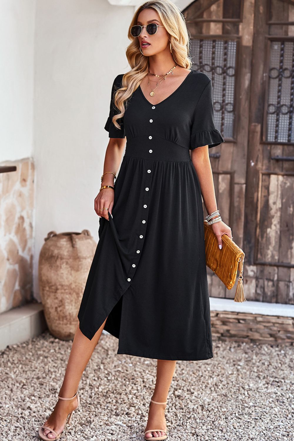 Gathered Detail Buttoned V-Neck Midi Dress