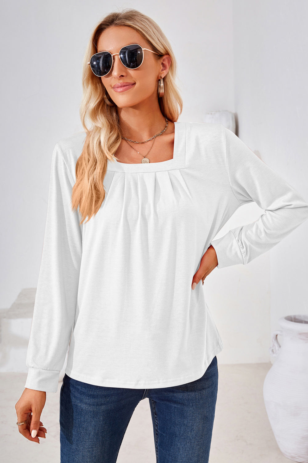 Square Neck Ruched Long Sleeve Blouse