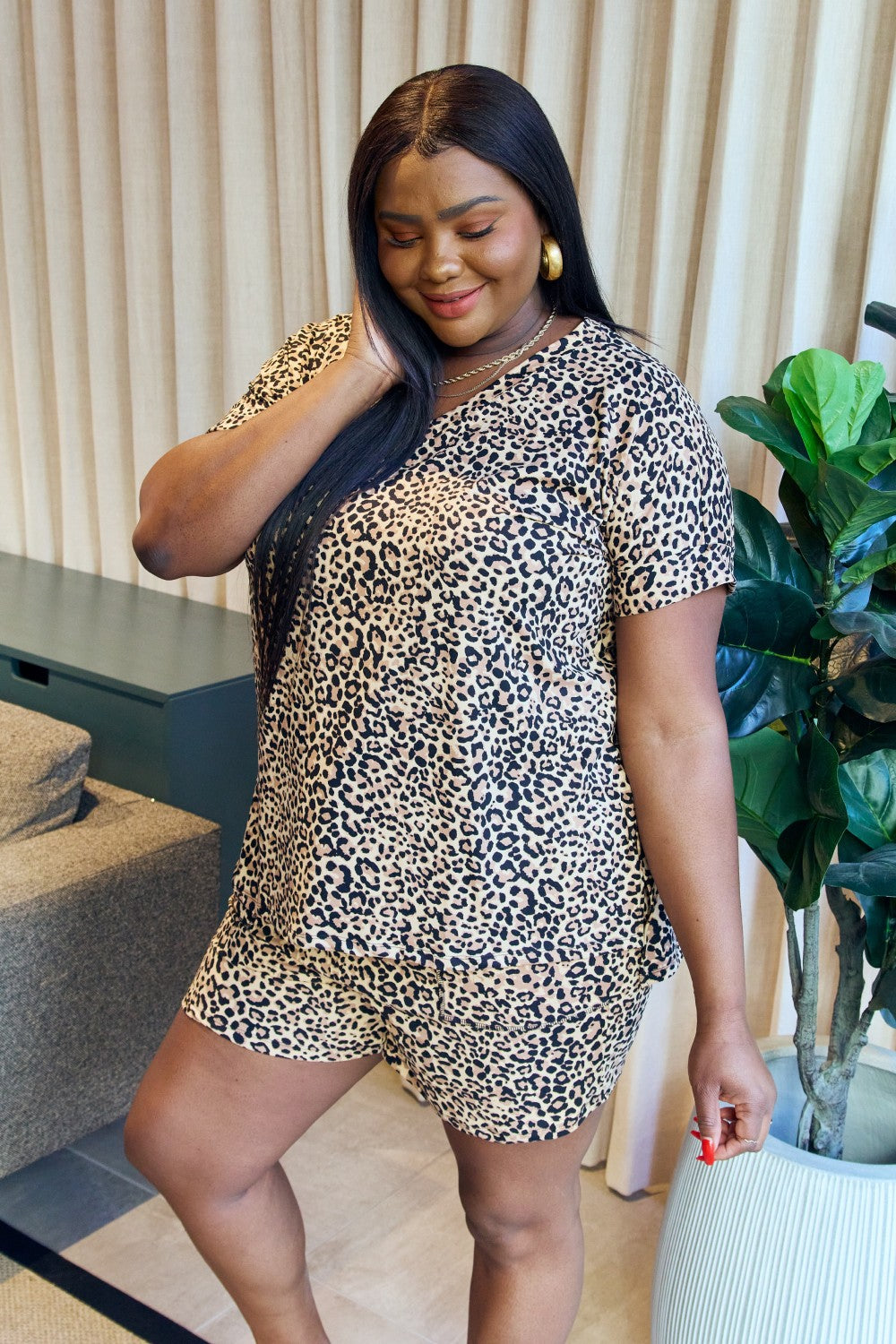 Leopard V-Neck Top and Drawstring Shorts Lounge Set