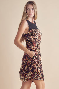 Yelete Full Size Animal Print Round Neck Sleeveless Dress with Pockets